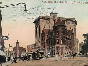 Postcard 1909 View of Cor. Bank and Main Streets in Stamford, CT.  T4