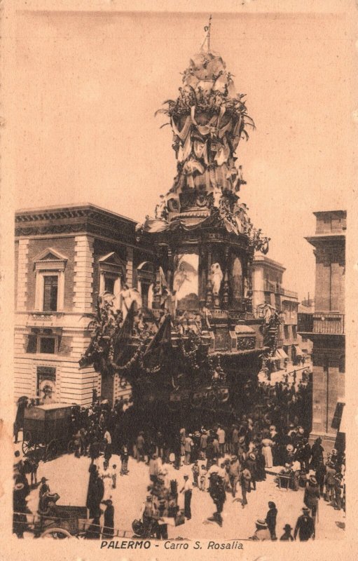 Vintage Postcard 1920's Allegorical Float Carro for Santa Rosalia Palermo Italy