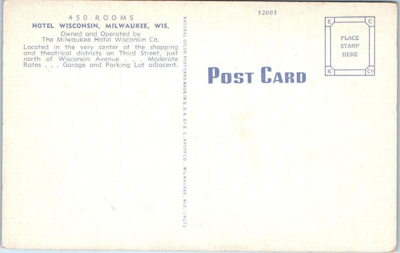 MILWAUKEE, WI Wisconsin   HOTEL  WISCONSIN  c1940s  Linen  Roadside  Postcard