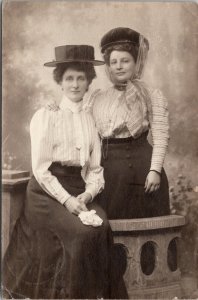 Two Pretty Women RPPC Lovely Hats Scarf Striped Studio Postcard B22