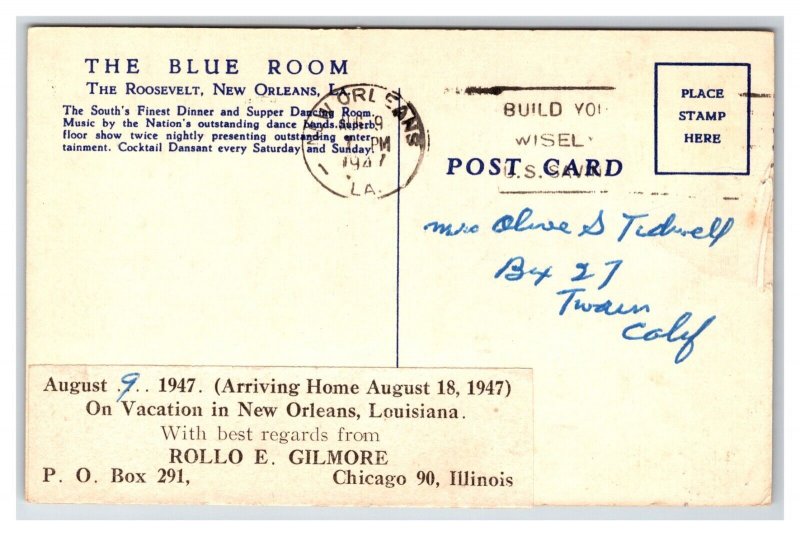 Blue Room Roosevelt Hotel New Orleans LA Louisiana LA Linen Postcard Y1