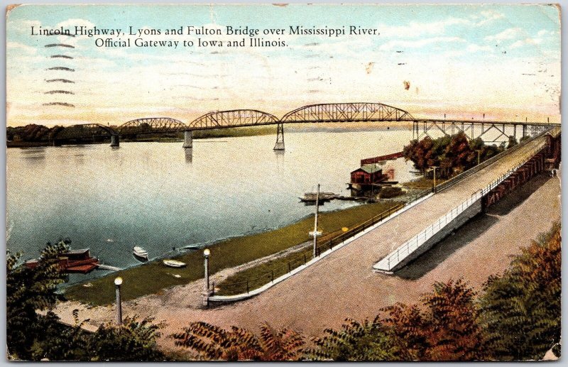 Lincoln Highway Lions In Fulton Bridge Over Mississippi River Gateway Postcard