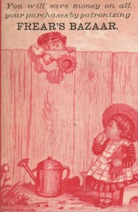 1880s-90s Young Girl & Boy w/ Flower Fence Frear's Bazaar Trade Card