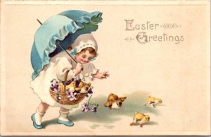 Easter PC Little Girl Holding Basket of Baby Chicks, Purple Flowers, Umbrella