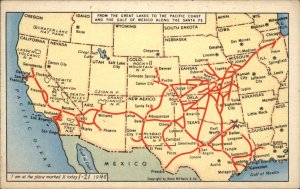 Santa Fe Railway Map Paris Texas Mark c1930-50s Vintage Postcard