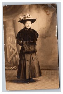 Vintage 1910's RPPC Postcard - Studio Portrait Cute Victorian Girl in Big Hat