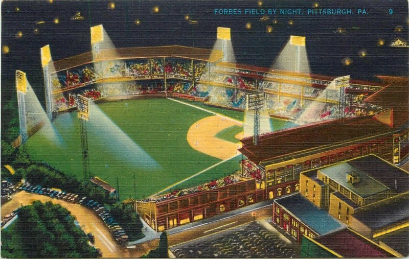 Vintage Linen Postcard; Forbes Field by Night, Pittsburgh PA Baseball Stadium