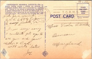 Confederate Memorial Institute Richmond VA WW2 Soldier Mail Leiman Postcard