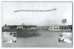 1955 Highway Hotel Marion Ohio Seen From US Highway Cars RPPC Photo Postcard