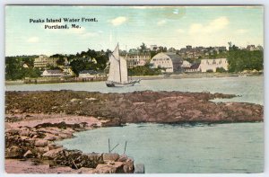 1914 PEAKS ISLAND WATERFRONT PORTLAND MAINE THE GEM BUILDING SAILBOAT POSTCARD