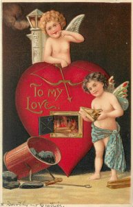 Embossed Valentines Postcard Cupid Work Heart Furnace With Coal Meissner & Buch