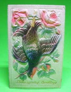 Thanksgiving Postcard Raised Image Pheasant Holiday Greetings Antique 3-D German