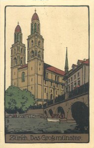 Romanesque-style Protestant church in Zurich Switzerland 1914 Stein Zeichnung