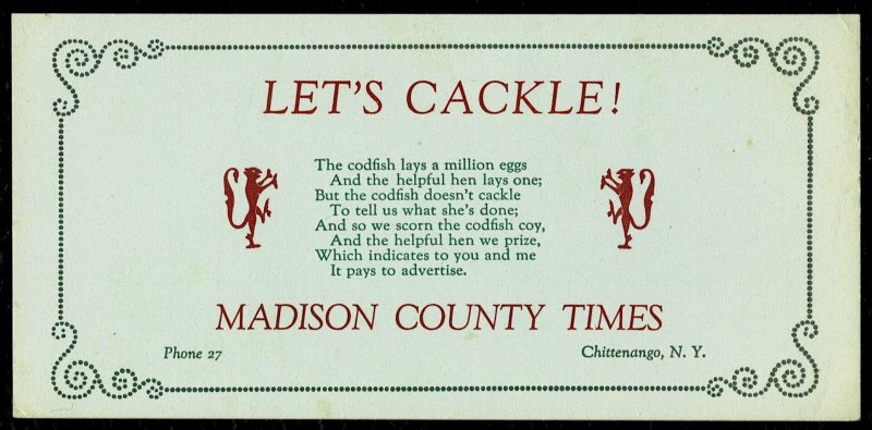 Chittenango NY – Madison County Times blotter – “Let’s Cackle” jingle