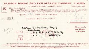 Paringa Mining Company Australian Mine Miners 1947 Antique Certificate Receipt