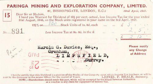 Paringa Mining Company Australian Mine Miners 1947 Antique Certificate Receipt