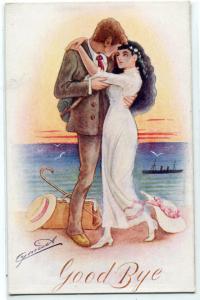 Goodbye Romantic Couple Bon Voyage artist signed Cynicus postcard