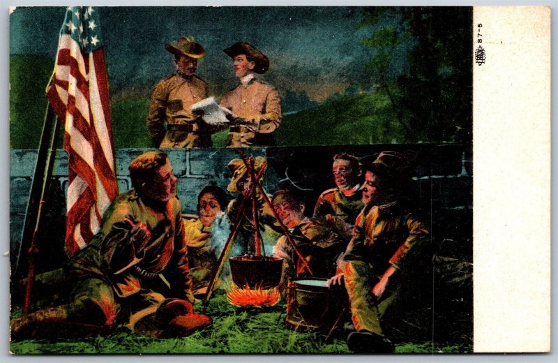 Vtg Military US Army Soldiers Cooking Over Campfire Flag WW1 Era 1910s Postcard