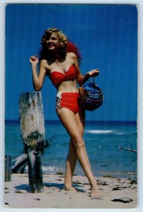1956 Beach Bathing Beauty With Basket Fort Lauderdale Florida FL Posted Postcard