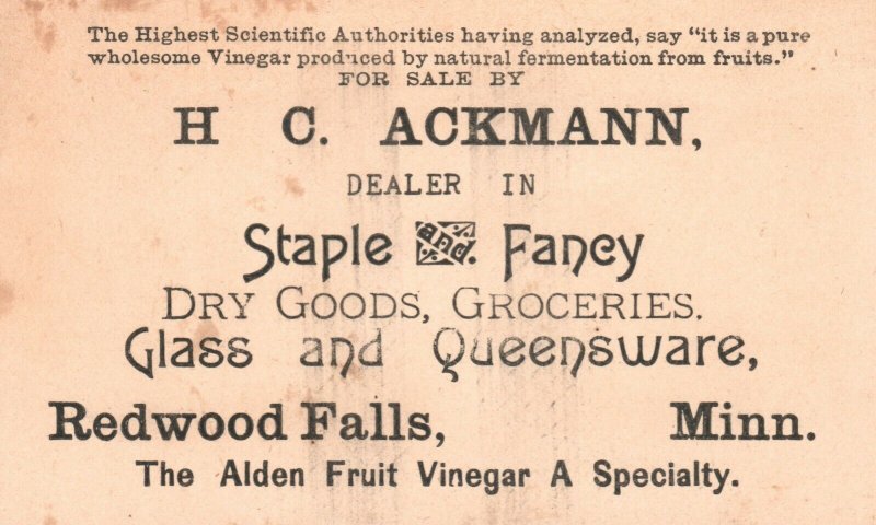 1880s-90s Sailboat Ocean Alden Fruit Vinegar HC Ackmann Staple Fancy Trade Card