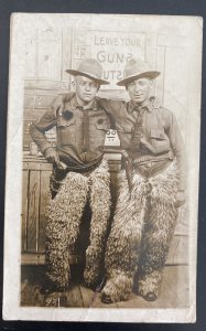 Mint USA RPPC Real Picture Postcard Cowboys Leave Your Guns Outside 