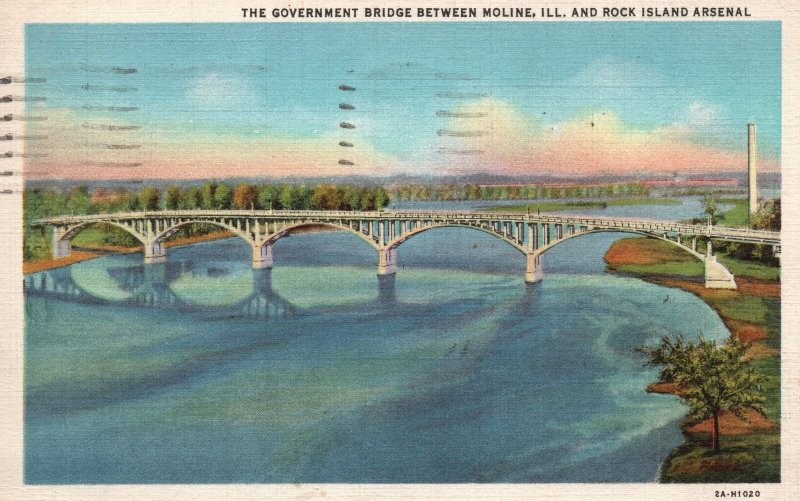 Vintage Postcard 1934 Government Bridge Between Moline ILL & Rock Island Arsenal