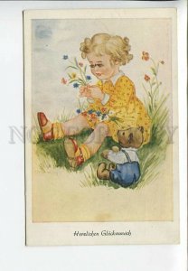 436113 Charming Girl TEDDY BEAR Field Flowers Vintage postcard