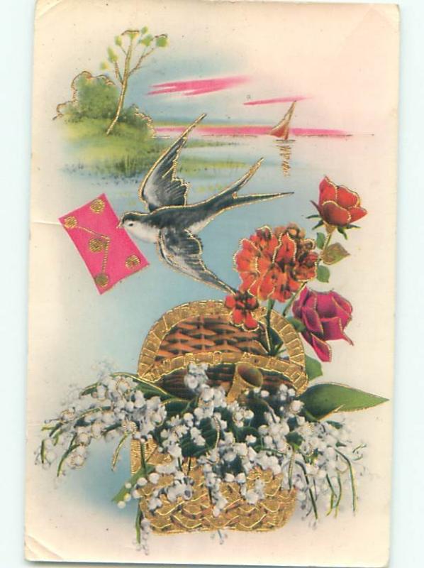 Pre-Linen BIRD DELIVERING LETTER & FLOWER BASKET AC5673