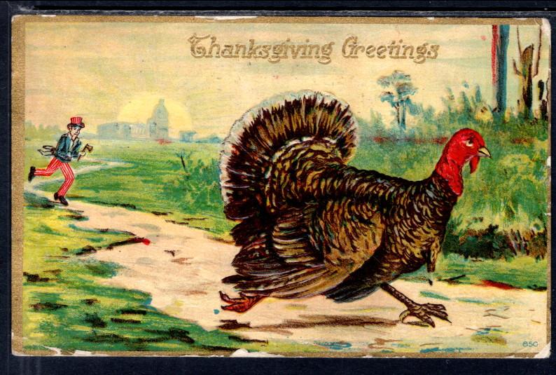 Thanksgiving Greetings,Man Chasing Turkey