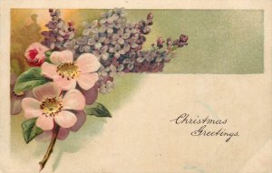 Embossed Christmas greetings postcard 1906 blossom flowers and lilac fantasy