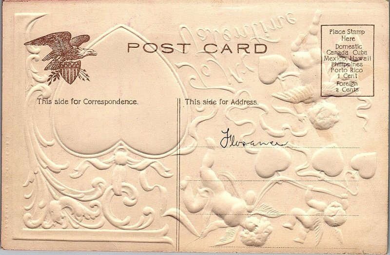 c1908 VALENTINE CUPID CHERIBIM HEARTS HEAVILY EMBOSSED POSTCARD 26-221