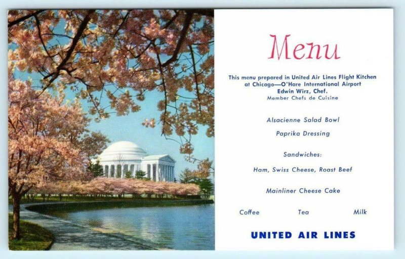 UNITED AIR LINES MENU Advertising WASHINGTON D.C. Jefferson Memorial Postcard