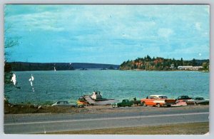 Boat Launch, Elliot Lake, Ontario, Vintage Chrome Postcard, Old Cars