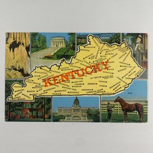 Postcard Kentucky KY State Map Landmarks Linen Unposted Man O' War 1940s Linen