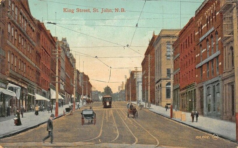 St John N.B. Canada King Street Horse & Wagon Storefronts Trolley Postcard