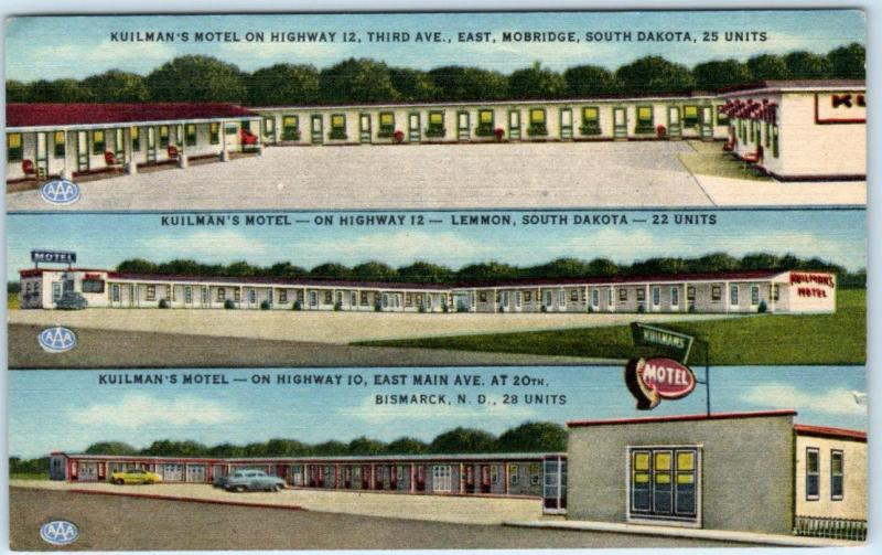 MOBRIDGE~LEMMON~BISMARCK, South Dakota SD   KULLMAN'S MOTELS  Roadside Postcard