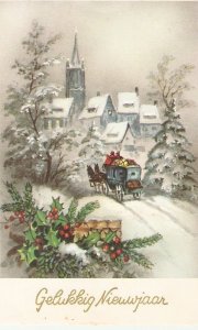 Horse carriage arriving to snowy village Vintage Dutch Christmas postca 1950s