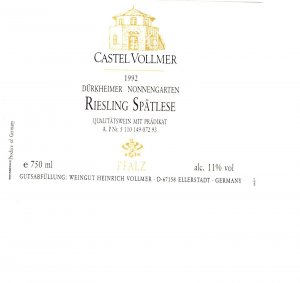 Castel Vollmer, 1992 Riesling Spatlese, Original Vintage Wine Bottle Label