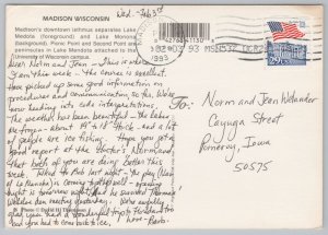Madison Wisconsin~View Of Lakes Medota & Monona~PM 1993~Continental Postcard 