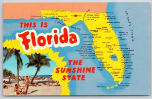 State Map~Florida~Beach View~Vintage Postcard