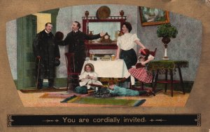 Vintage Postcard 1910's Man Invited For Dinner Children Busy Playing Comic