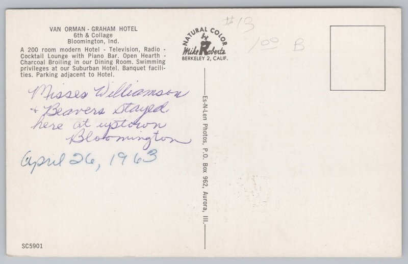 Van Orman - Graham Hotel~6th & Collage~Bloomington IN~1963~Vintage Postcard