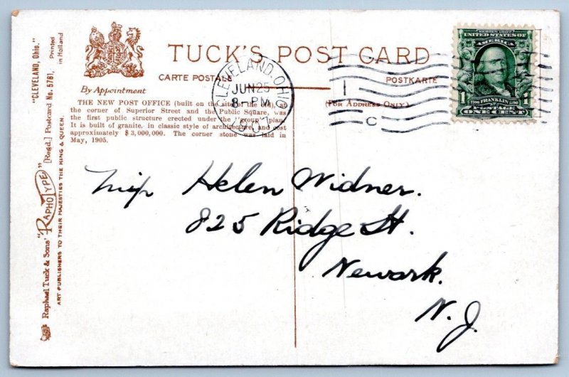 1907 TUCK'S CLEVELAND OHIO NEW POST OFFICE BUILDING RAPHOTYPE POSTCARD