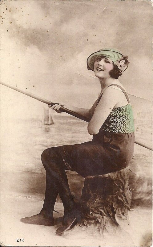 RPPC Beautiful Woman Fishing, 1923, Hand Tinted, Stockings, Fashion, Hat