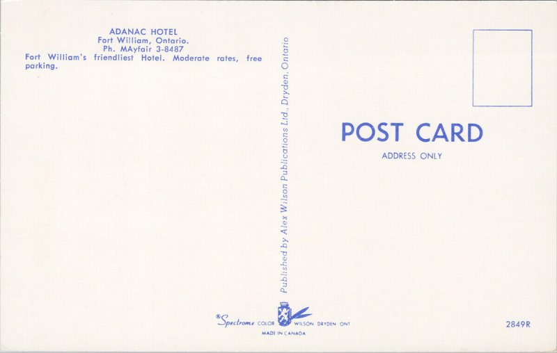 Adanac Hotel Fort William Ontario ON The Addy Canadian Tire Vintage Postcard F38