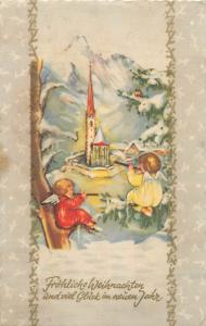 Winter seasonal greetings postcard fantasy cherubs angels flute Christmas 