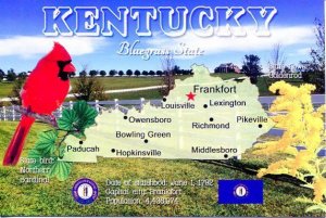 KENTUCKY Map Postcard - The Bluegrass State -  State Symbols