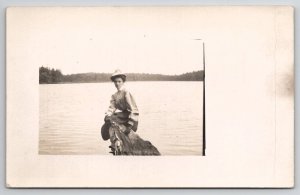 RPPC Edwardian Woman Sitting On Rock At Lake c1910 Real Photo Postcard I39