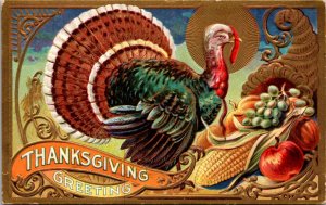 Thanksgiving Postcard Turkey with Cornucopia of Fruits and Vegetables