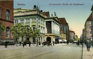 poland, WROCŁAW BRESLAU, Schweidnitzer Strasse mit Stadttheater (1910s) Postcard